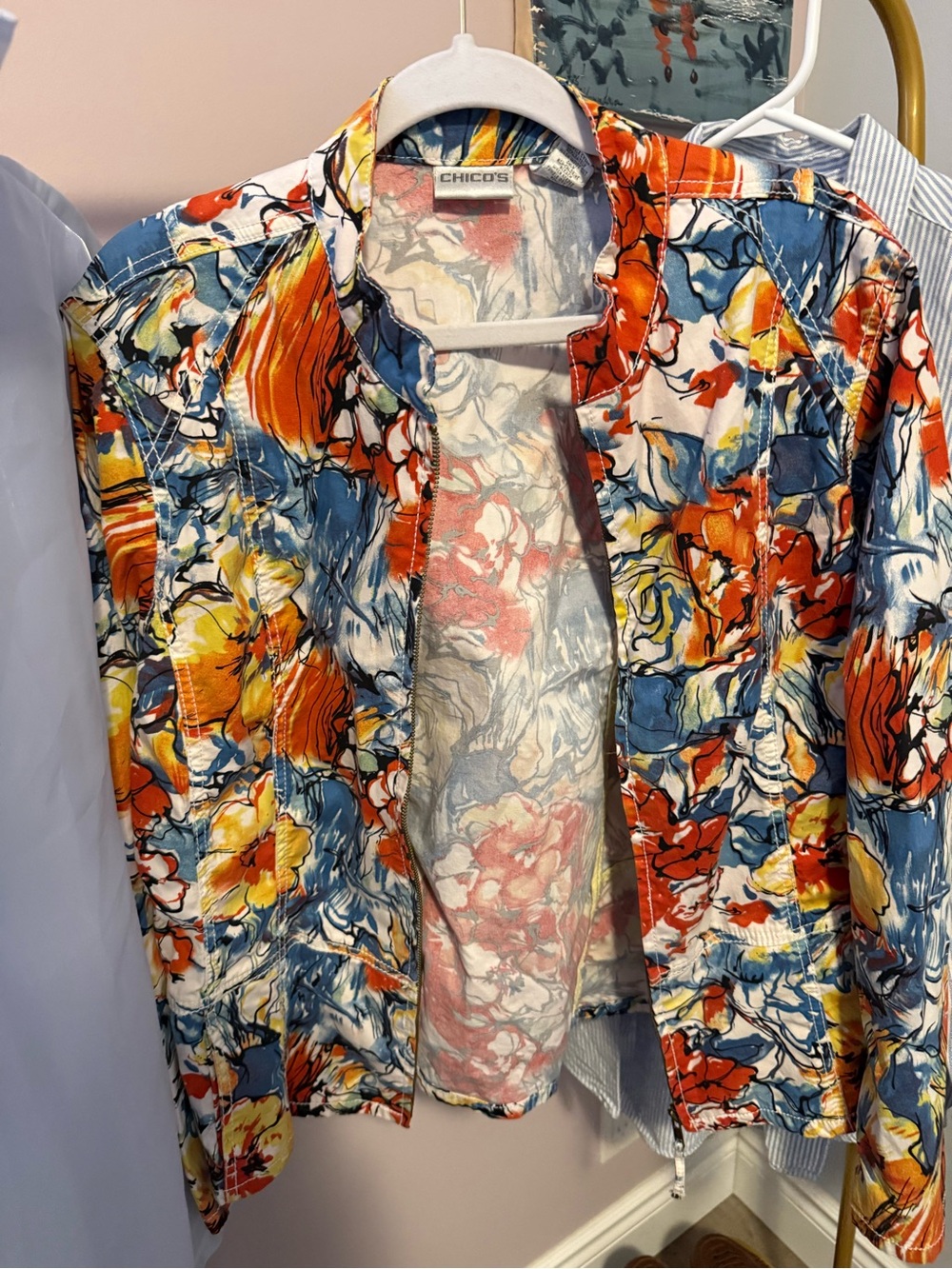 Chico's Vibrant Floral Print Top in Blue, Orange, Yellow